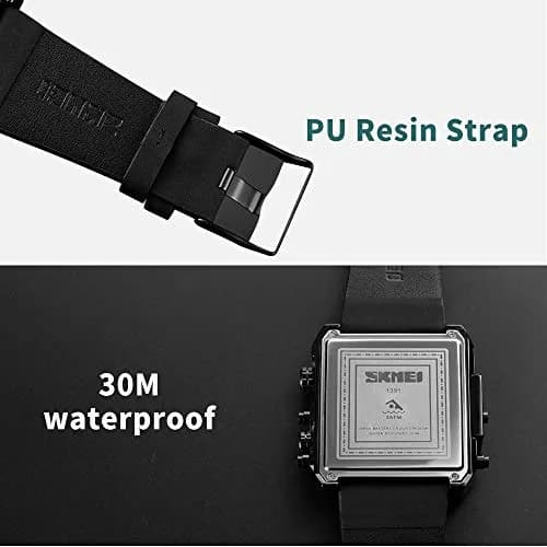Gosasa Men's Square Large Face Digital Analog Quartz Watch 51mm (Black Coffee Belt) | Triple Time Zone Sports Watch thumbnail 6