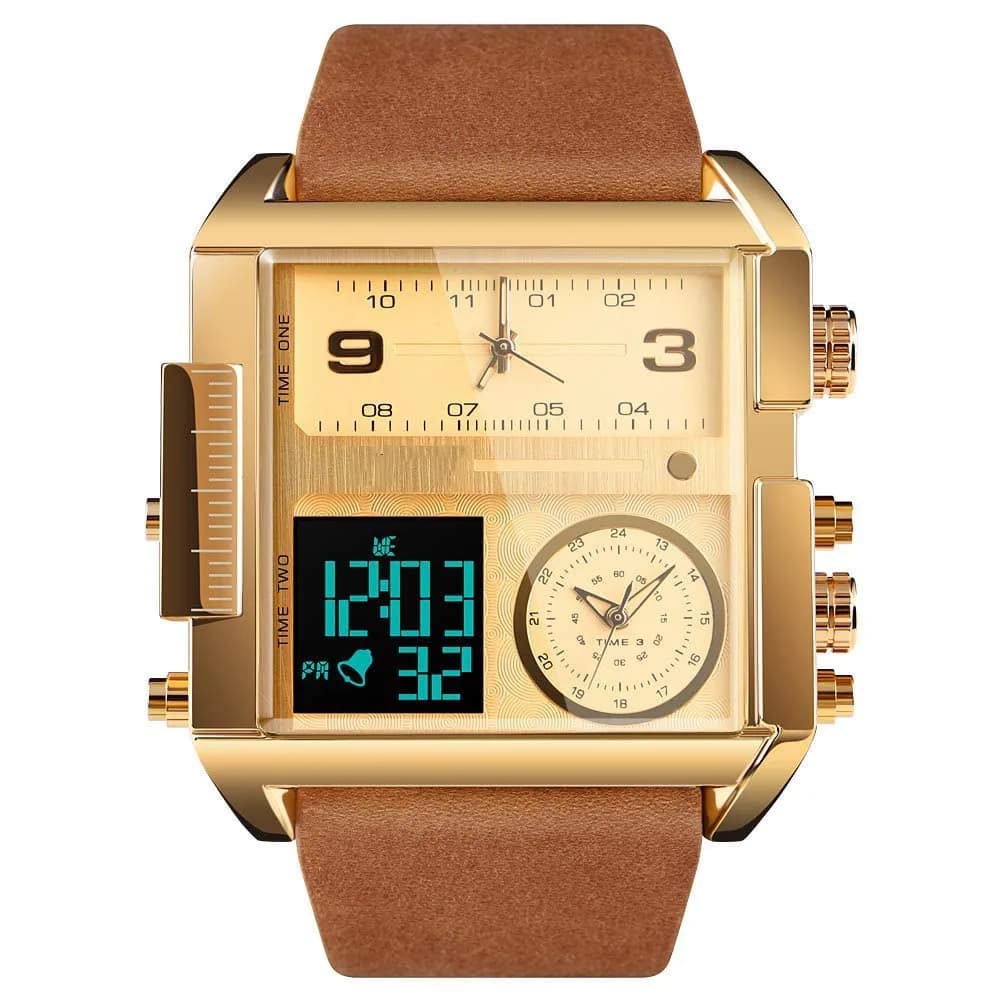 Gosasa Men's Square Large Face Digital Analog Quartz Watch 51mm (Black Coffee Belt) | Triple Time Zone Sports Watch — Gold Brown