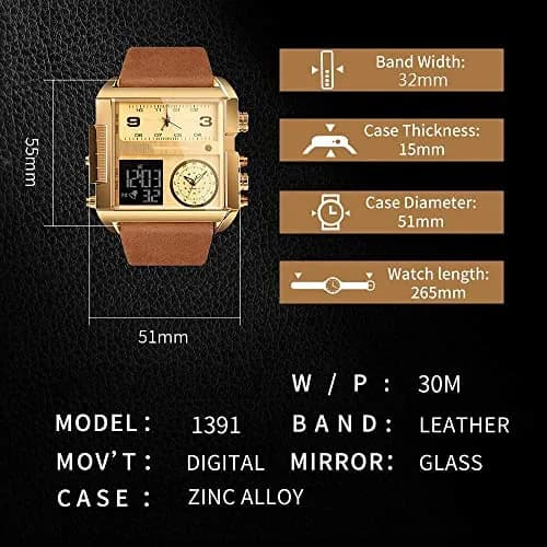Gosasa Men's Square Large Face Digital Sports Watch, LED Analog Quartz, 50M Waterproof, Multi-Time Zone (Gold Brown) | Big Dial, Sporty thumbnail 5