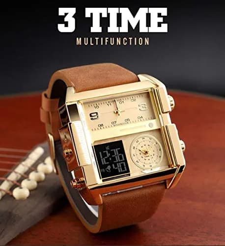 Gosasa Men's Square Large Face Digital Sports Watch, LED Analog Quartz, 50M Waterproof, Multi-Time Zone (Gold Brown) | Big Dial, Sporty thumbnail 3