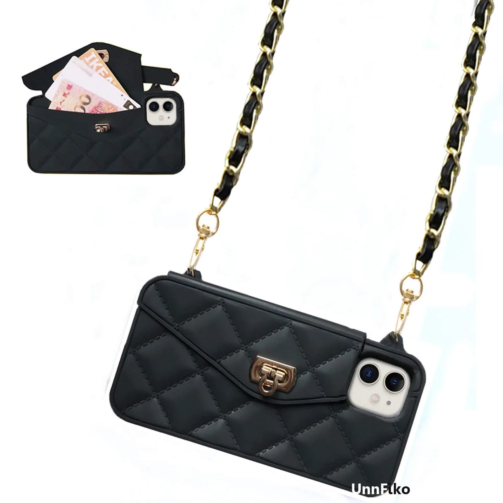 UnnFiko Black Wallet Case for iPhone 11 (6.1-inch) | Cute Shoulder Bag Design with Card Slots & Strap - main product image