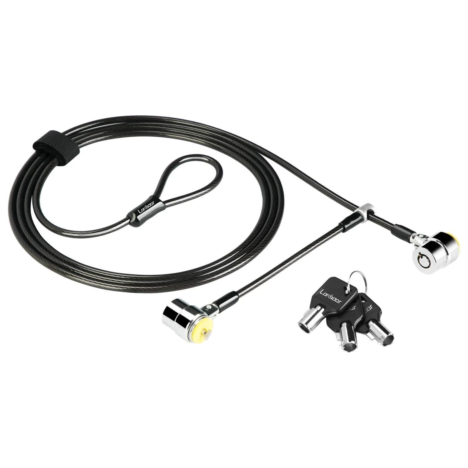 LORADAR Laptop Cable Lock - 6.7Ft Security Cable with Adhesive Anchors | Anti-Theft Device for Laptops, Tablets & Phones — Black Twin head