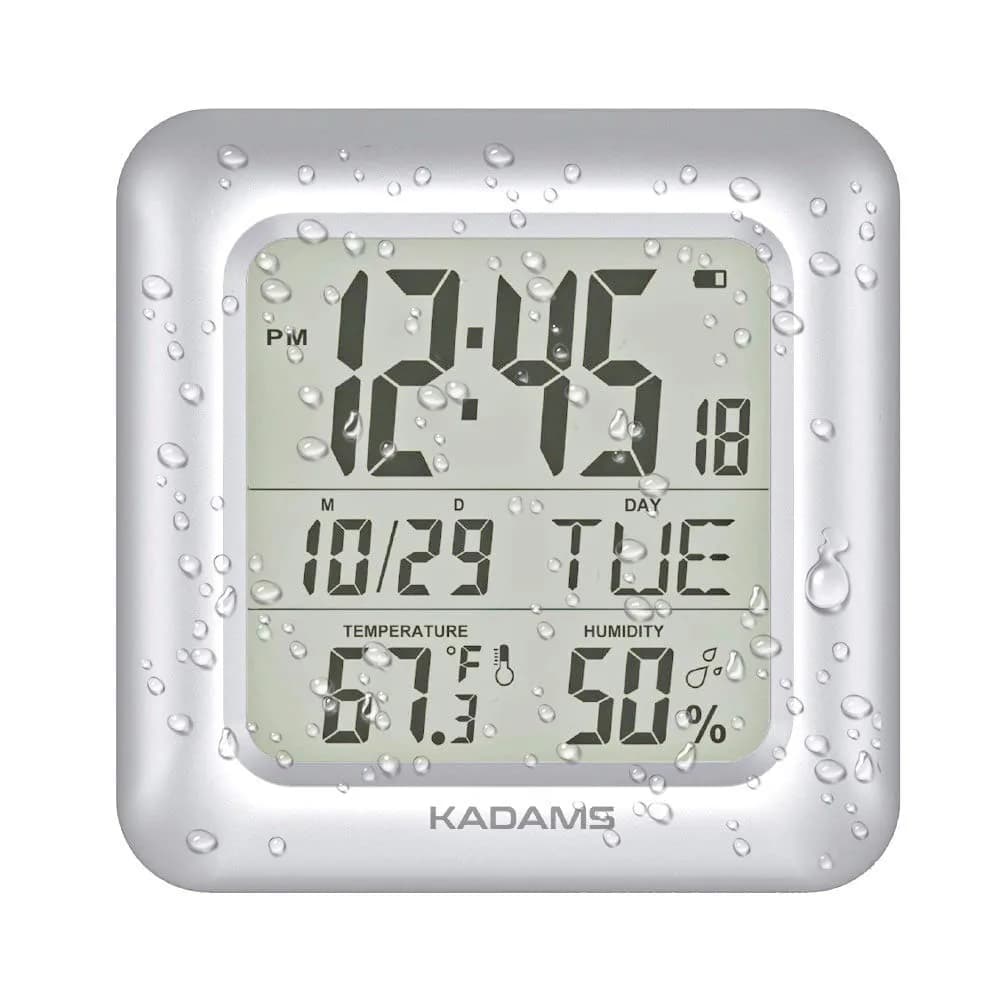 KADAMS 9.5" Bathroom Clock with Large LCD Screen & Temperature/Humidity Display | Water-Resistant, 4 Mounting Options, Silver - main product image
