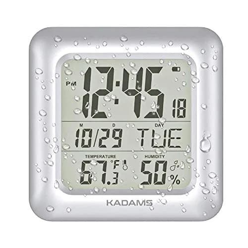 KADAMS 9.5" Bathroom Clock with Large LCD Screen & Temperature/Humidity Display | Water-Resistant, 4 Mounting Options, Silver thumbnail 1