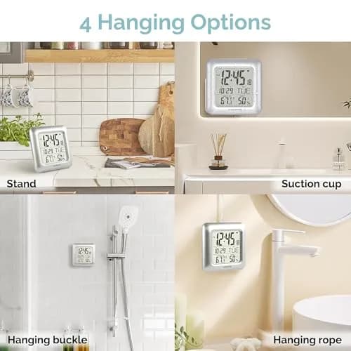 KADAMS 9.5" Bathroom Clock with Large LCD Screen & Temperature/Humidity Display | Water-Resistant, 4 Mounting Options, Silver thumbnail 4