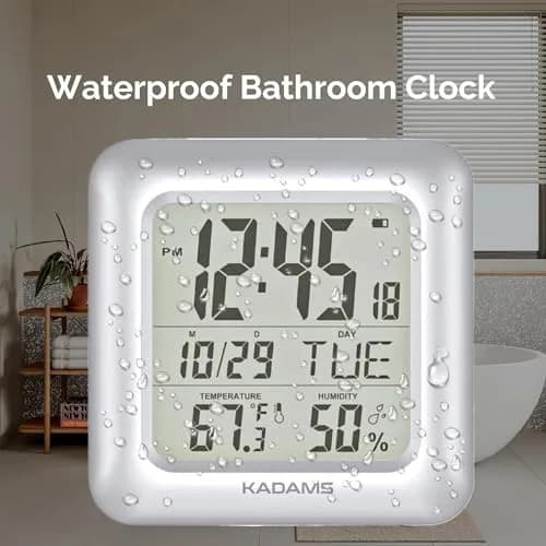 KADAMS 9.5" Bathroom Clock with Large LCD Screen & Temperature/Humidity Display | Water-Resistant, 4 Mounting Options, Silver thumbnail 2