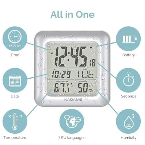KADAMS 9.5" Bathroom Clock with Large LCD Screen & Temperature/Humidity Display | Water-Resistant, 4 Mounting Options, Silver thumbnail 3