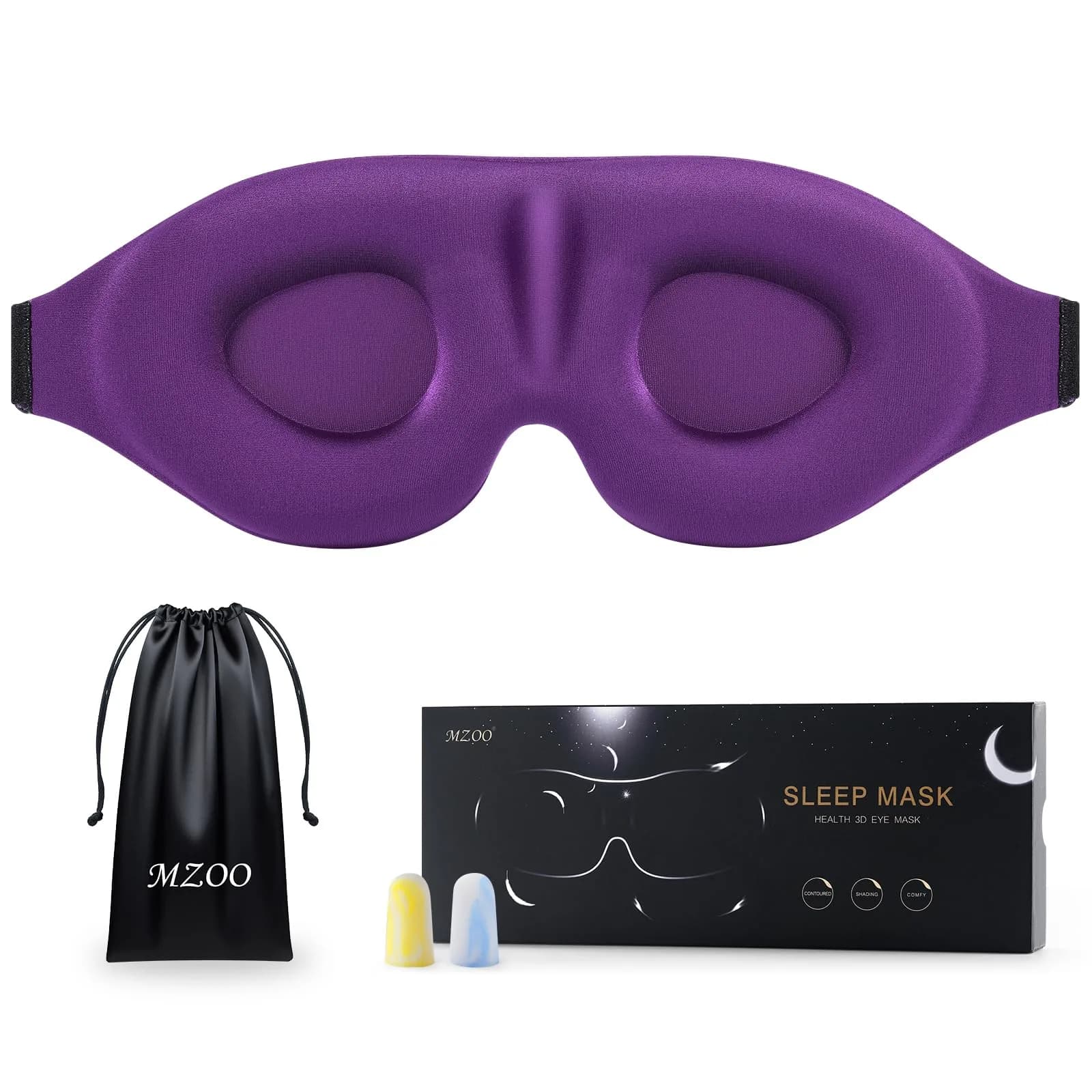 MZOO Luxury 3D Sleep Mask for Women & Men | 13mm Eye Cups, 22mm Nose Padding, 10mm Strap (Purple)