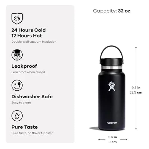 Hydro Flask Water Bottle - Insulated Stainless Steel - Wide Mouth Flex Lid, Non Spill, Leakproof in 32 Oz Black | Keeps Drinks Cold 24H & Hot 12H thumbnail 4