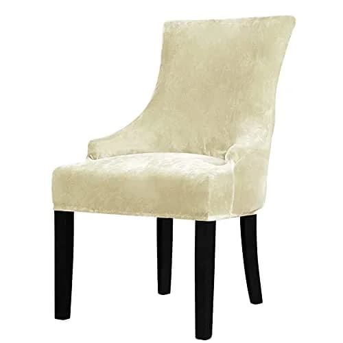 Lellen Velvet Stretch Wingback Chair Cover Slipcover - Cream, 1PC | Fits Dining & Living Room Chairs thumbnail 1