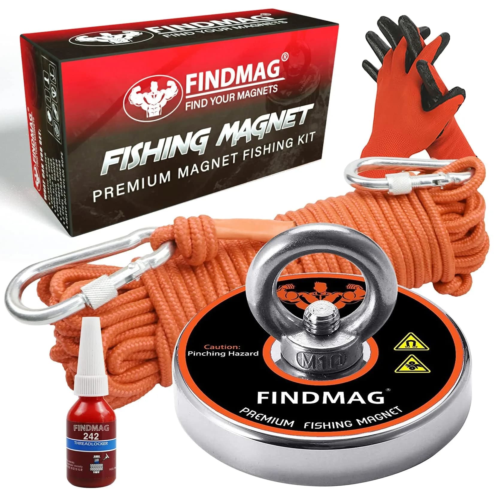 FINDMAG 500 LB Neodymium Fishing Magnet Kit 60mm (2.36 Inch) Diameter | Heavy Duty Underwater Retrieving Tool — 800 LB Single Sided Magnet Kit