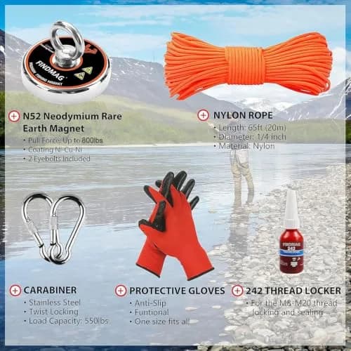 FINDMAG 800 LBS Neodymium Magnet Fishing Kit 2.95 Inch Diameter | Strongest N52 Magnet for Treasure Hunting thumbnail 3