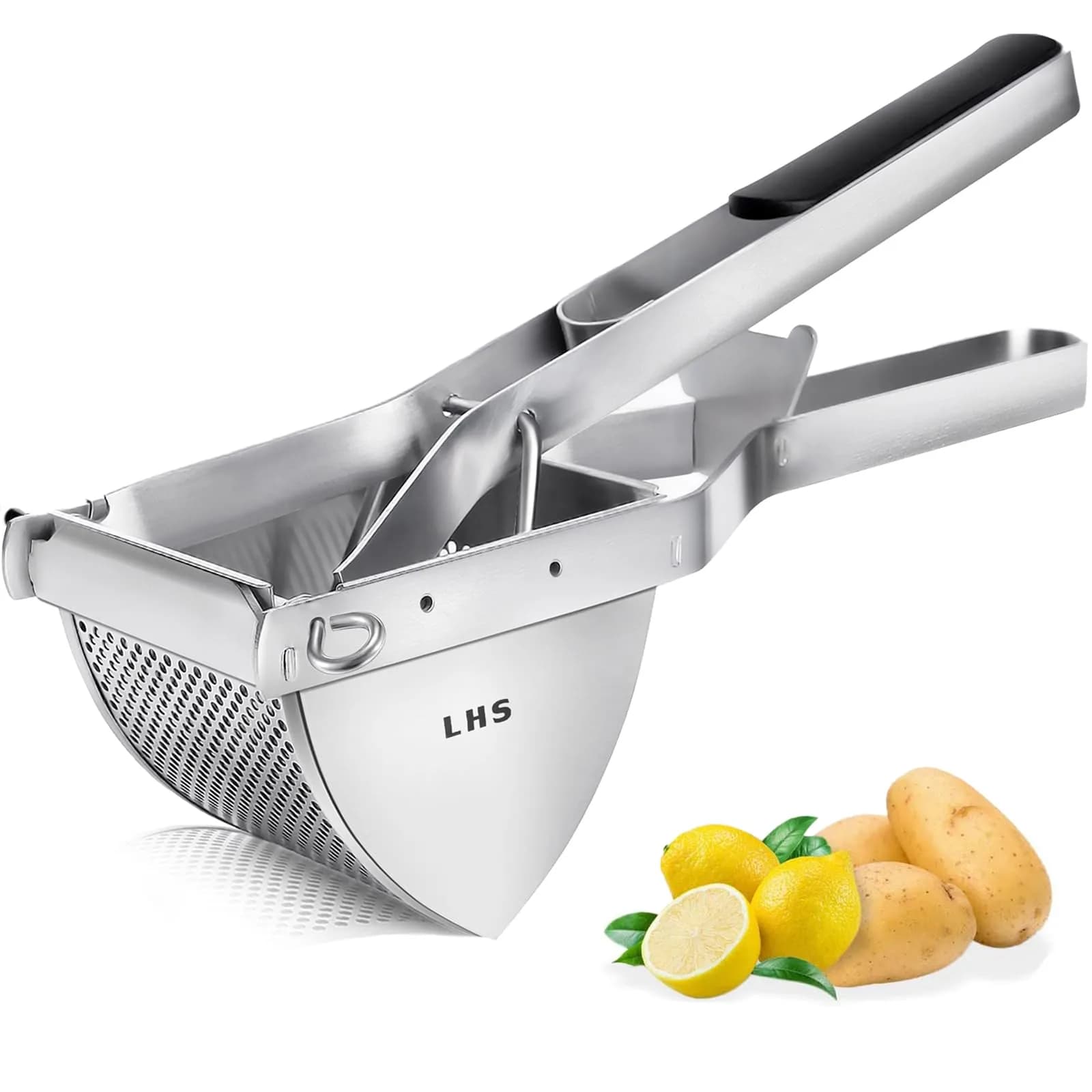 LHS Stainless Steel Potato Ricer and Masher, Heavy Duty Commercial Food Masher, Ergonomic Comfort Grip, Extra Large Capacity, Dishwasher Safe (Black) | 0.6 kg (1.32 lb) - main product image