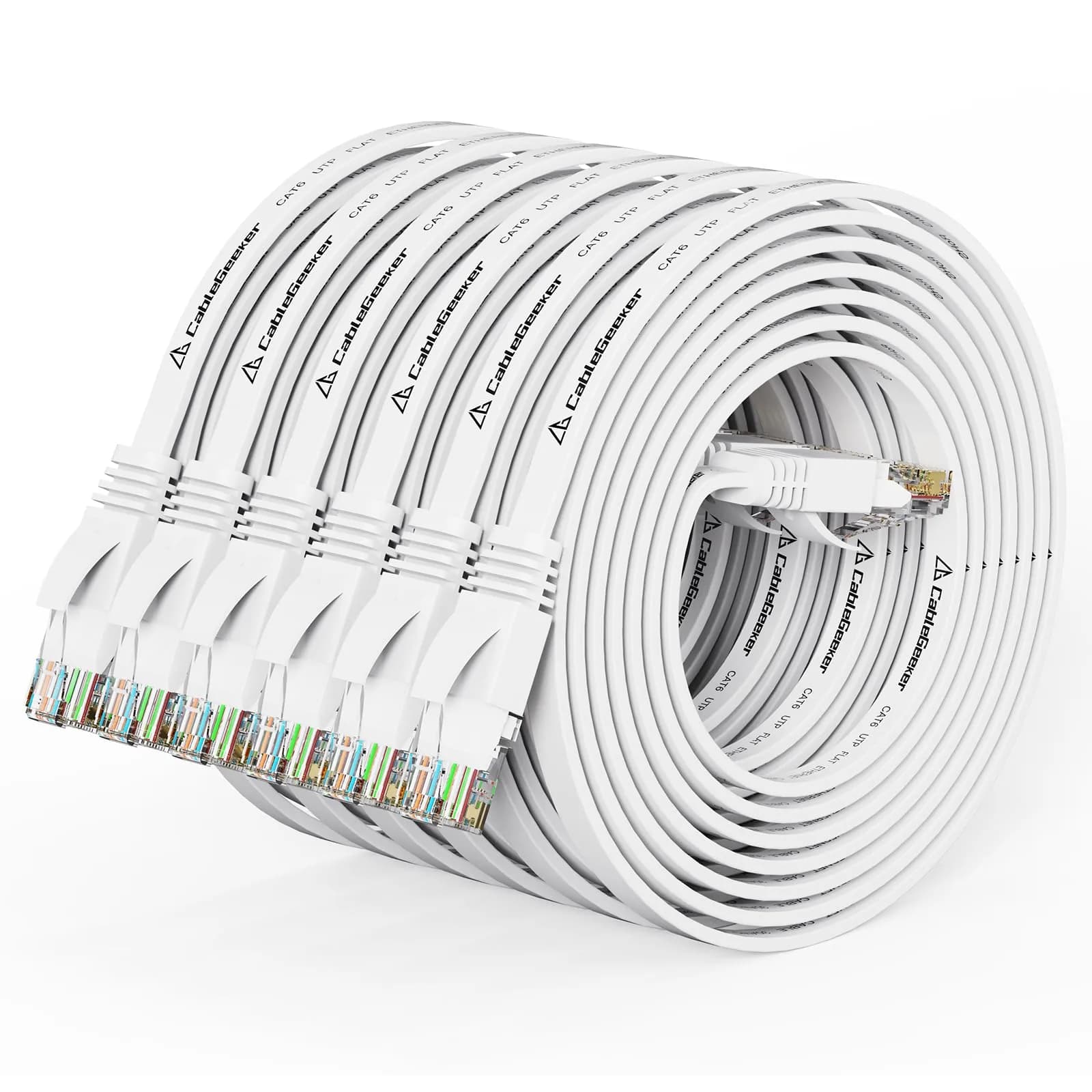 CableGeeker Flat Cat 6 Ethernet Cable 1.5ft (0.46m) 6-Pack | 10Gbps High-Speed Network Cable — White-Flat / 5ft