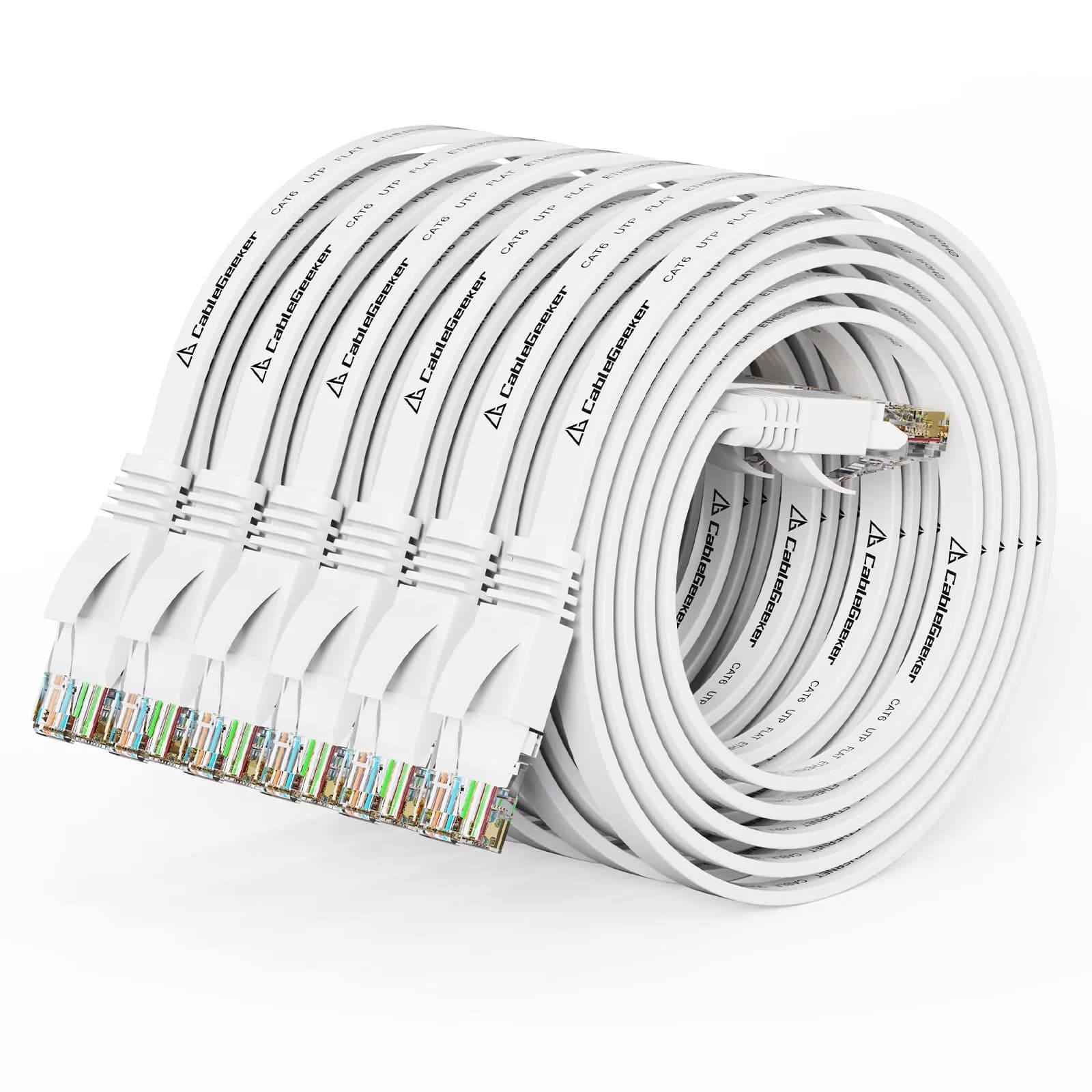 CableGeeker Flat Cat 6 Ethernet Cable 1.5ft (0.46m) 6-Pack | 10Gbps High-Speed Network Cable — White-Flat / 3ft