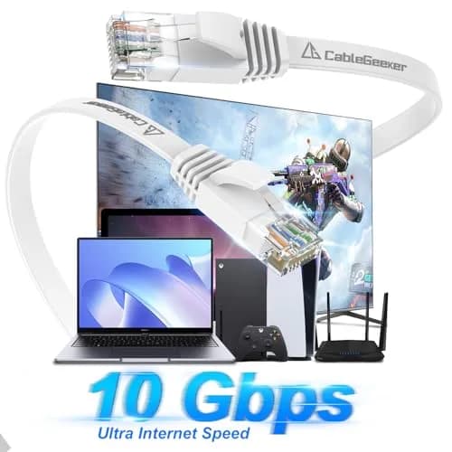 CableGeeker Cat 6 Flat Ethernet Cable 1ft | 10Gbps, White, Ultra Slim Flat Design thumbnail 2