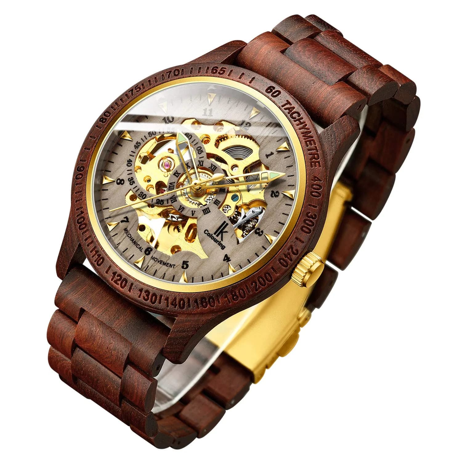 IK COLOURING Men's Luxury Mechanical Wooden Watch with Skeleton Dial, Luminous Hands, Brown (44mm Case) — brown