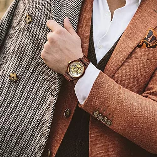 IK COLOURING Men's Luxury Mechanical Wooden Watch with Skeleton Dial, Luminous Hands, Brown (44mm Case) thumbnail 2