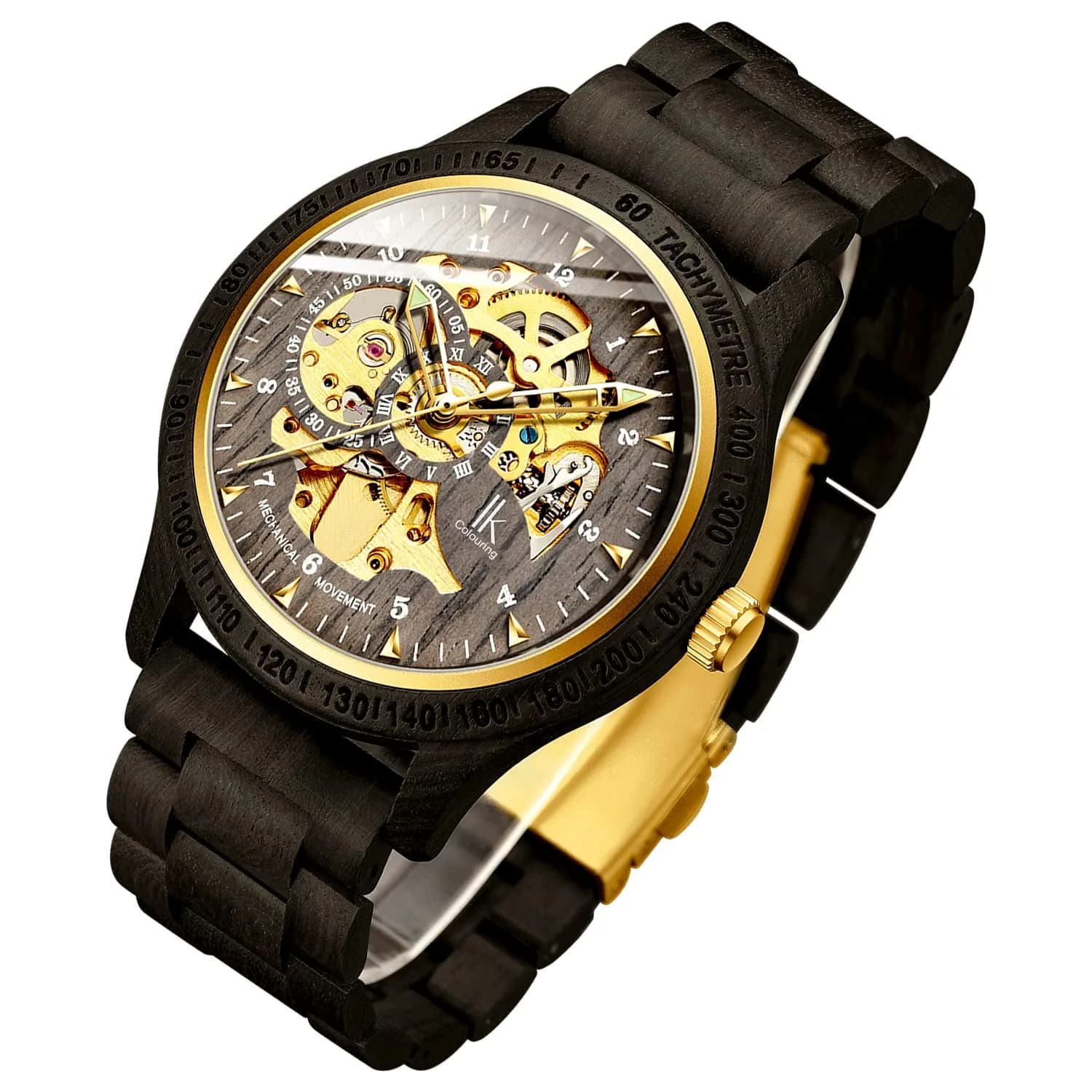 IK COLOURING Men's Luxury Mechanical Wooden Watch with Skeleton Dial, Luminous Hands, Brown (44mm Case) — black