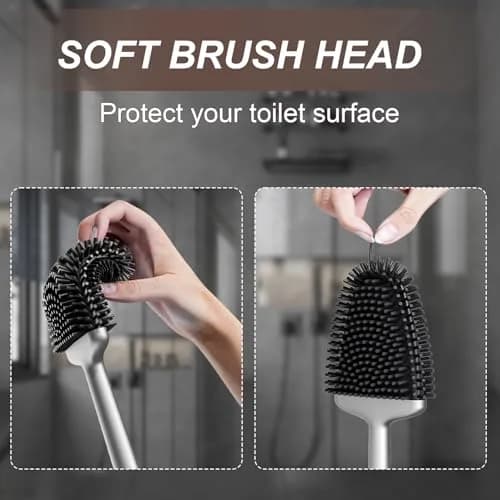 Sellemer Silicone Toilet Brush with Ventilation Holder | Flat Head, Hair-Free, Rustproof Handle (Silver, 1 Pack) thumbnail 4