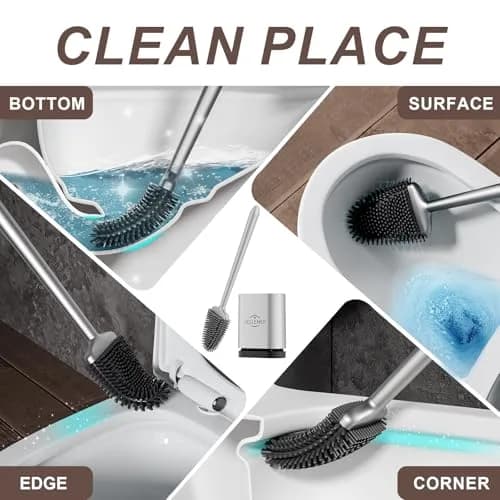 Sellemer Silicone Toilet Brush with Ventilation Holder | Flat Head, Hair-Free, Rustproof Handle (Silver, 1 Pack) thumbnail 2