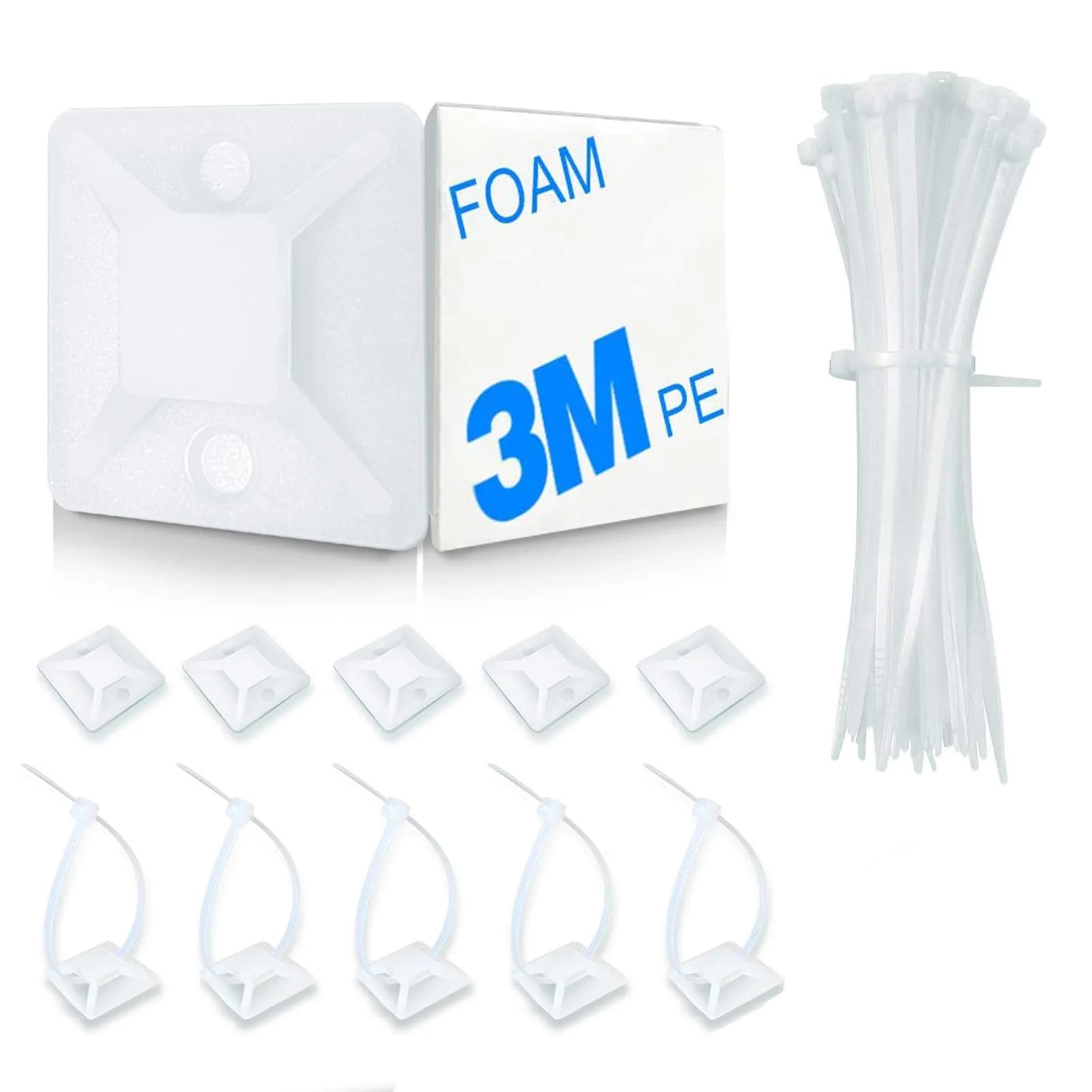 HUASAI Black 100 Pack Cable Tie Mounts with Zip Ties | Organize Wires Indoors & Outdoors — White / 4/5 inch
