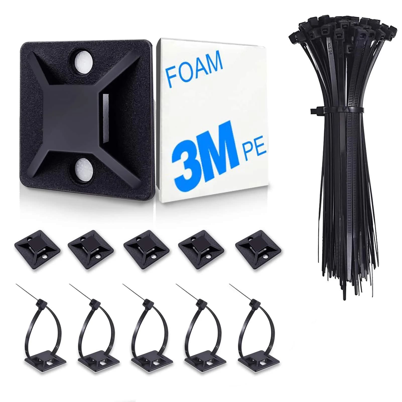 HUASAI Black 100 Pack Cable Tie Mounts with Zip Ties | Organize Wires Indoors & Outdoors - main product image