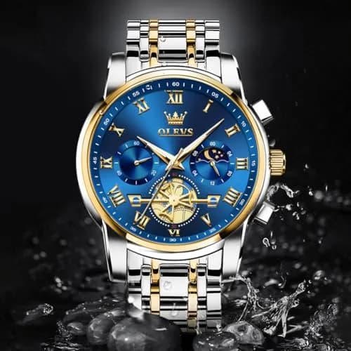 OLEVS Blue Watches for Men Luxury Analog Stainless Steel Dress | 41mm Diameter, Water-Resistant to 30m thumbnail 7