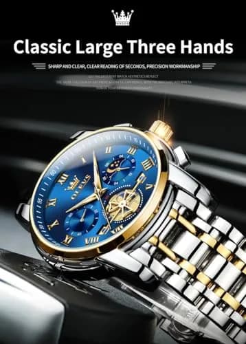OLEVS Blue Watches for Men Luxury Analog Stainless Steel Dress | 41mm Diameter, Water-Resistant to 30m thumbnail 9