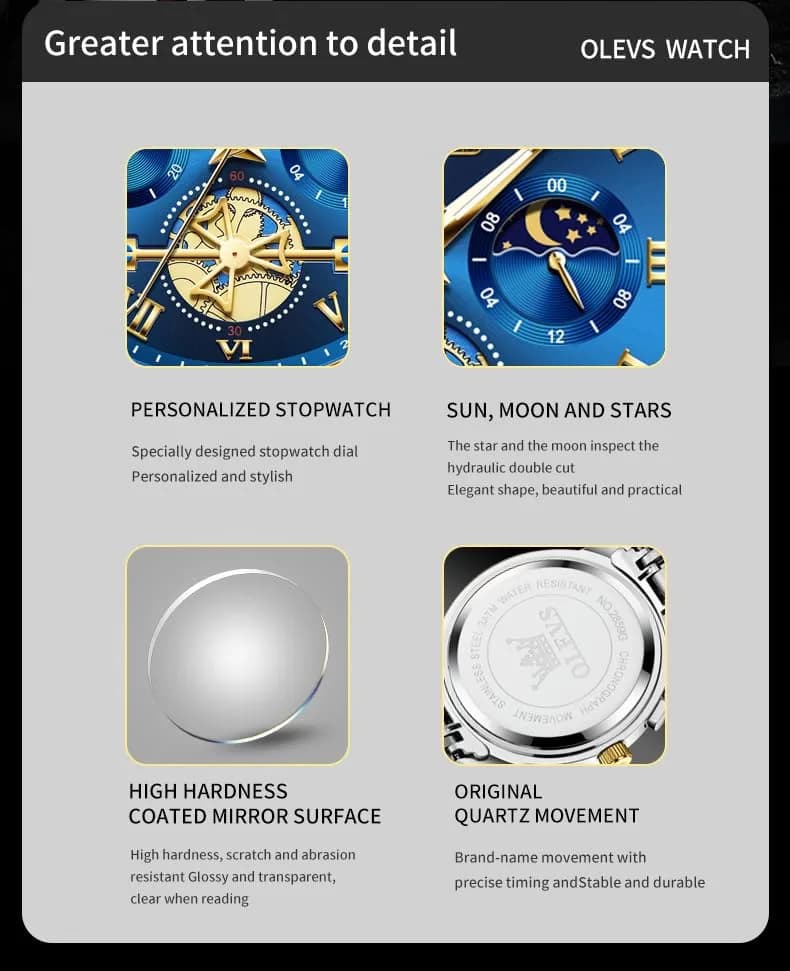 OLEVS Blue Watches for Men Luxury Analog Stainless Steel Dress | 41mm Diameter, Water-Resistant to 30m thumbnail 10