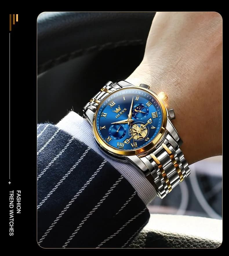 OLEVS Blue Watches for Men Luxury Analog Stainless Steel Dress | 41mm Diameter, Water-Resistant to 30m thumbnail 2