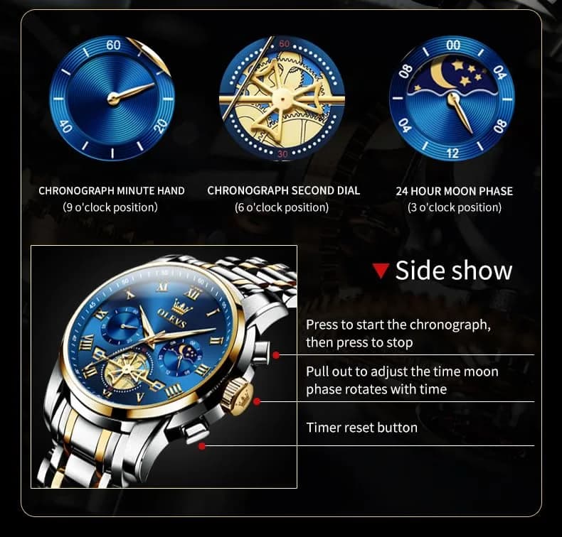 OLEVS Blue Watches for Men Luxury Analog Stainless Steel Dress | 41mm Diameter, Water-Resistant to 30m thumbnail 5