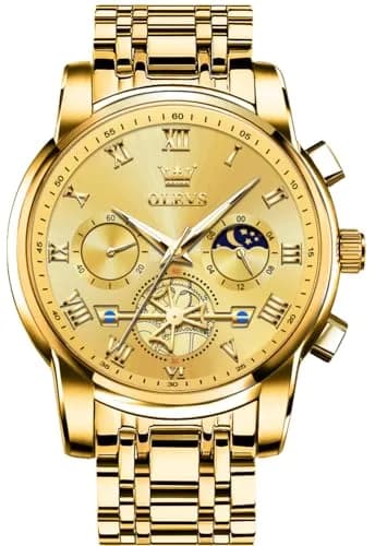 OLEVS Men Gold Watch Large Face Quartz Chronograph Waterproof 42mm | Luxury Stainless Steel thumbnail 1