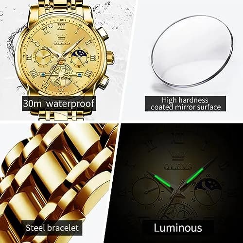 OLEVS Men Gold Watch Large Face Quartz Chronograph Waterproof 42mm | Luxury Stainless Steel thumbnail 6
