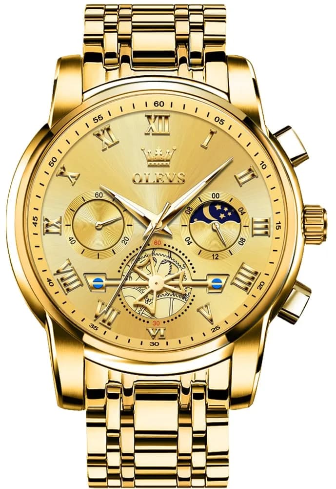 OLEVS Men Gold Watch Large Face Quartz Chronograph Waterproof 42mm | Luxury Stainless Steel