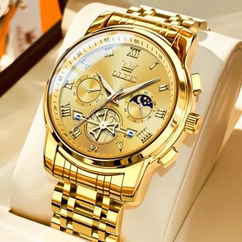 OLEVS Men Gold Watch Large Face Quartz Chronograph Waterproof 42mm | Luxury Stainless Steel thumbnail 2