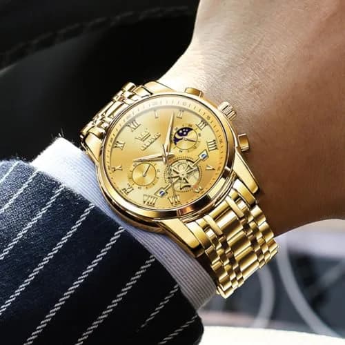 OLEVS Men Gold Watch Large Face Quartz Chronograph Waterproof 42mm | Luxury Stainless Steel thumbnail 3