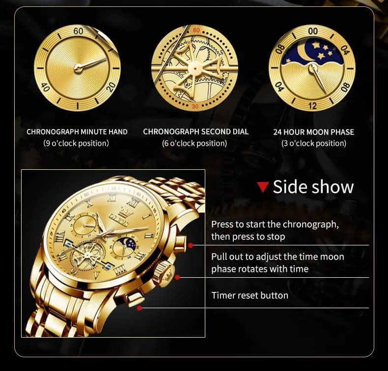 OLEVS Men Gold Watch Large Face Quartz Chronograph Waterproof 42mm | Luxury Stainless Steel thumbnail 4