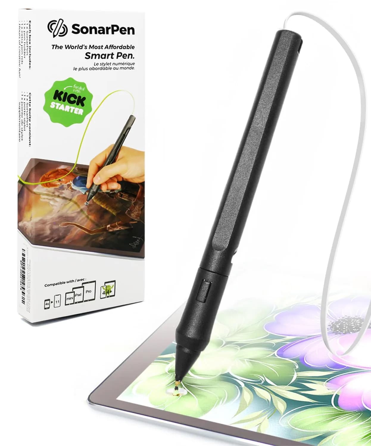 SonarPen Pressure Sensitive Stylus Neon-Green | Compatible with iPhone, Android & Switch — White