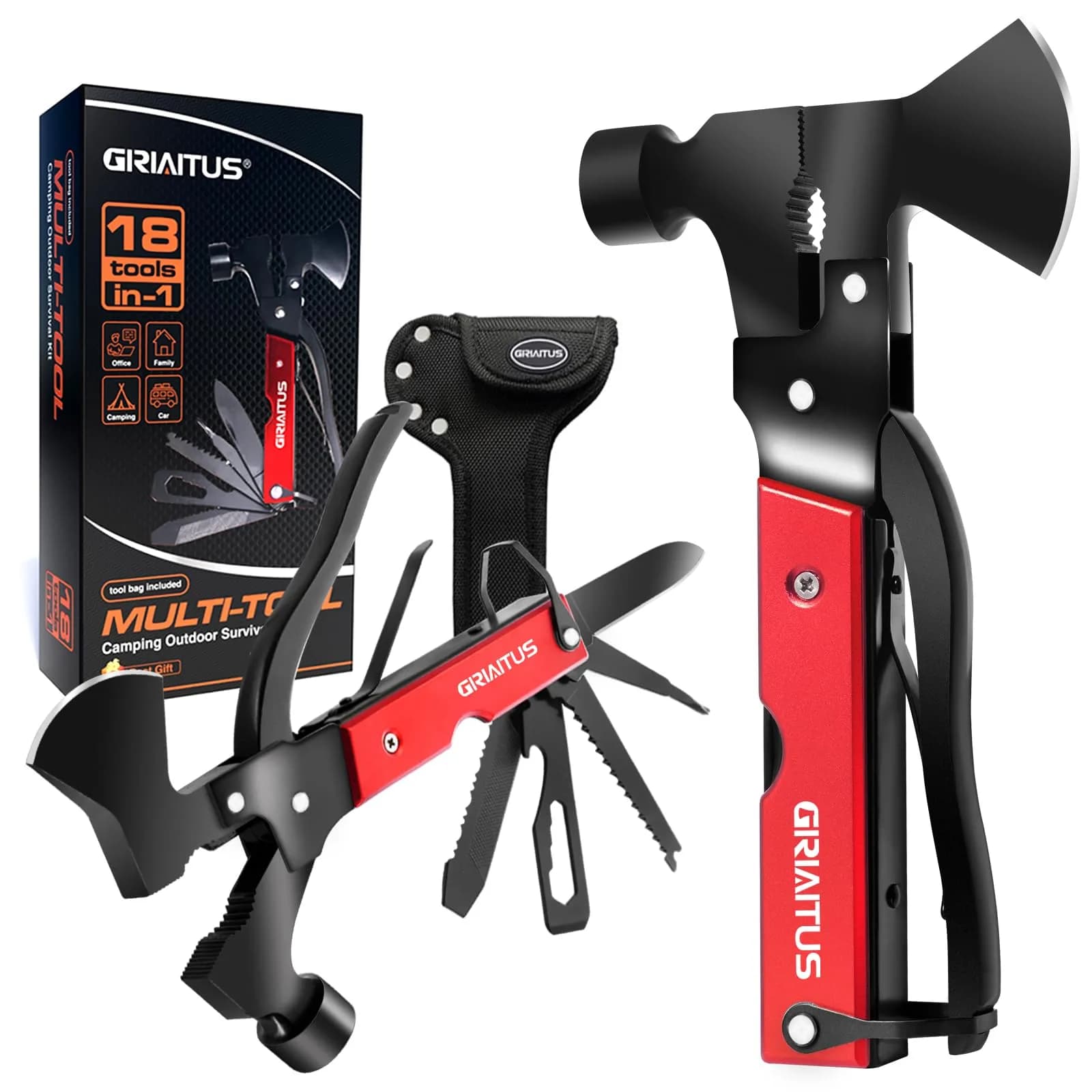 GIRIAITUS 18 in 1 Multitool Camping Accessories Gifts for Men Survival Gear | Heavy Duty Stainless Steel — Red
