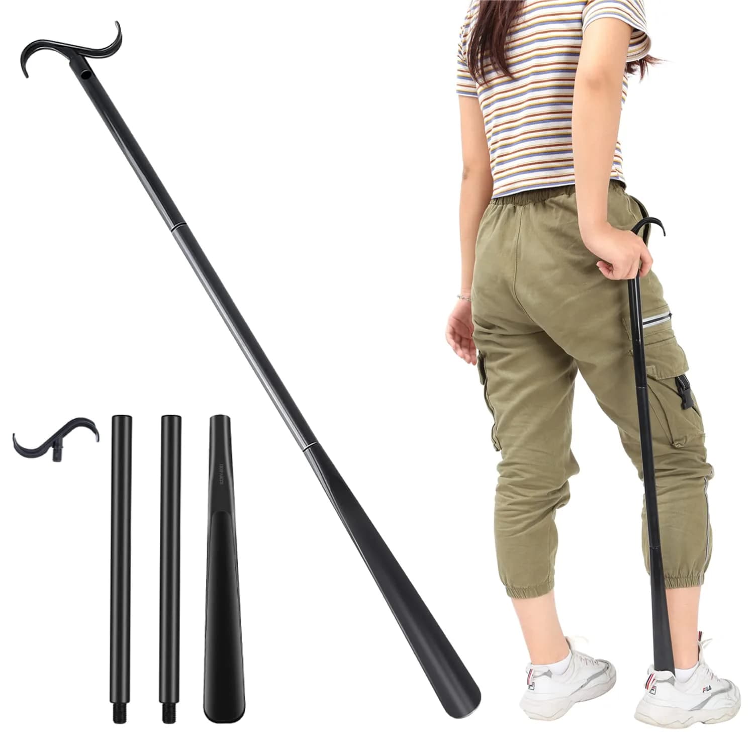 JJDPARTS 35" Long Dressing Stick with Shoe Horn & Sock Remover | Adjustable Reach Aid — Shoe Horn