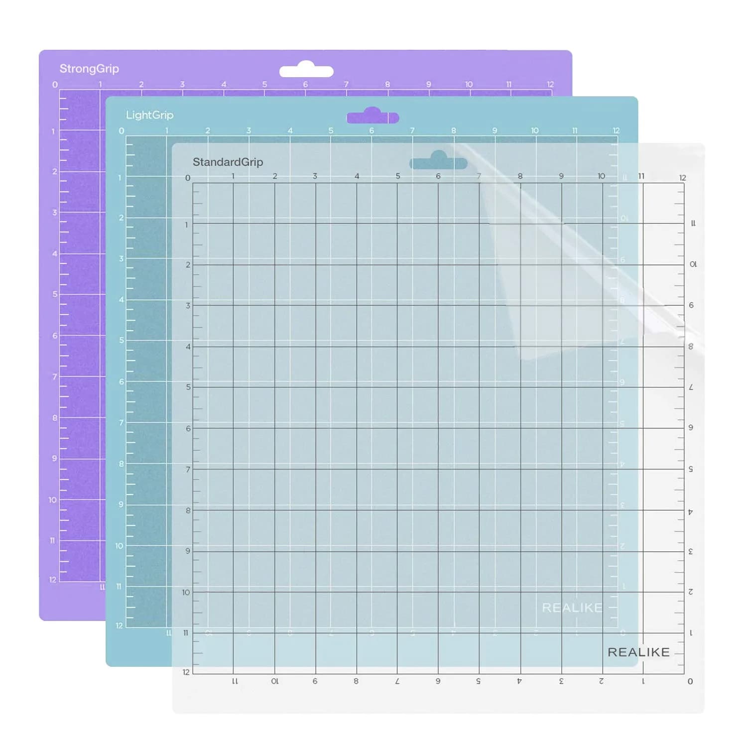REALIKE 12x12 Inch Cutting Mat Set (3 Mats: LightGrip, StandardGrip, StrongGrip) | Gridded Adhesive Non-Slip Mat for Silhouette Cameo Crafts, Quilting, Sewing - main product image