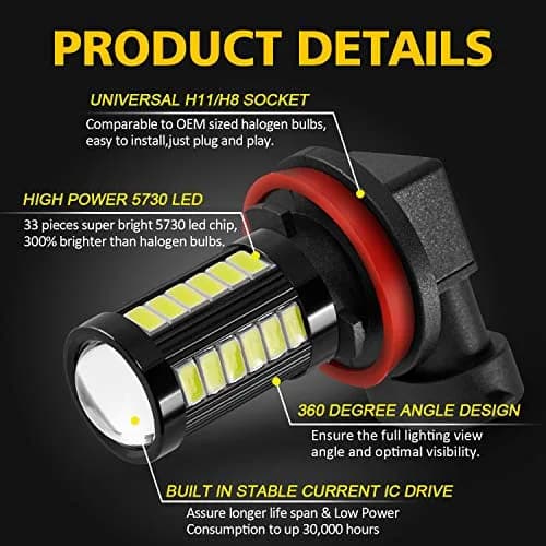 AUXLIGHT H11 H8 H11LL H8LL H16 LED Fog Light Bulbs 6000K Xenon White | Super Bright 2800 Lumens, 33-SMD Chips, 9-30V thumbnail 2