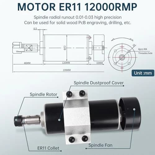 RATTMMOTOR 500W CNC Air Cooled Spindle Motor ER11 12000RPM with AC110-220V Speed Controller & 52mm Clamp | 500W 12000RPM thumbnail 3