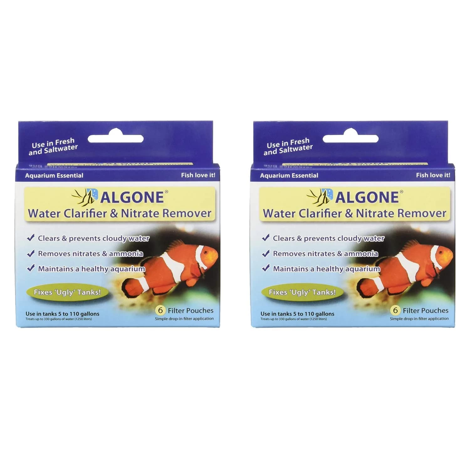 Algone Aquarium Water Clarifier and Nitrate Remover Pouches 2 Pack (6 Pouches Each) | Clears Cloudy Water & Reduces Nitrates