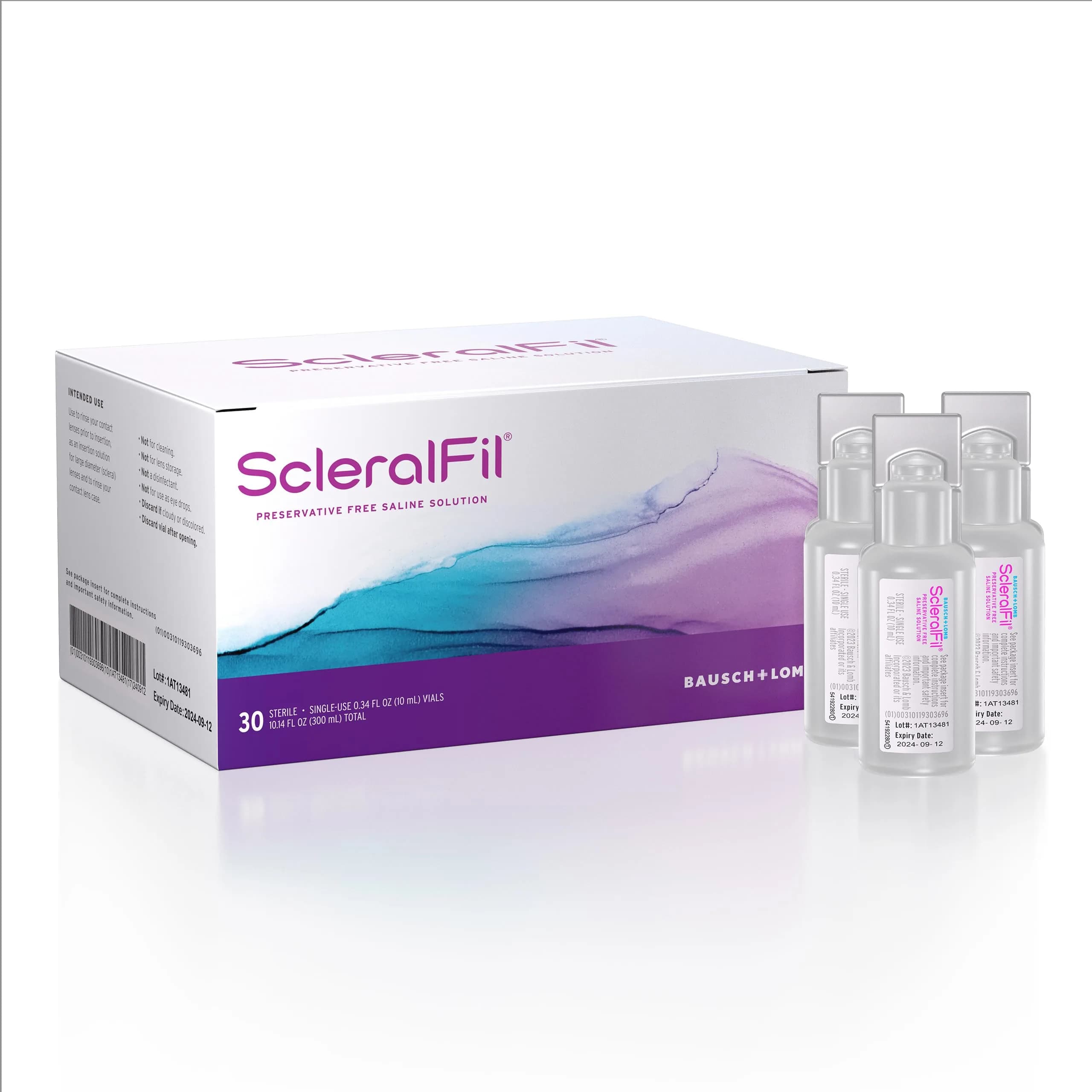Bausch + Lomb ScleralFil Preservative Free Saline Solution for Scleral Lenses, Buffered Isotonic Rinsing & Insertion Solution for Soft and Rigid Gas Permeable Contacts, Single-Use Vials, 30 Count | 10.14ml (0.34 Fl Oz) Saline Solution - main product image