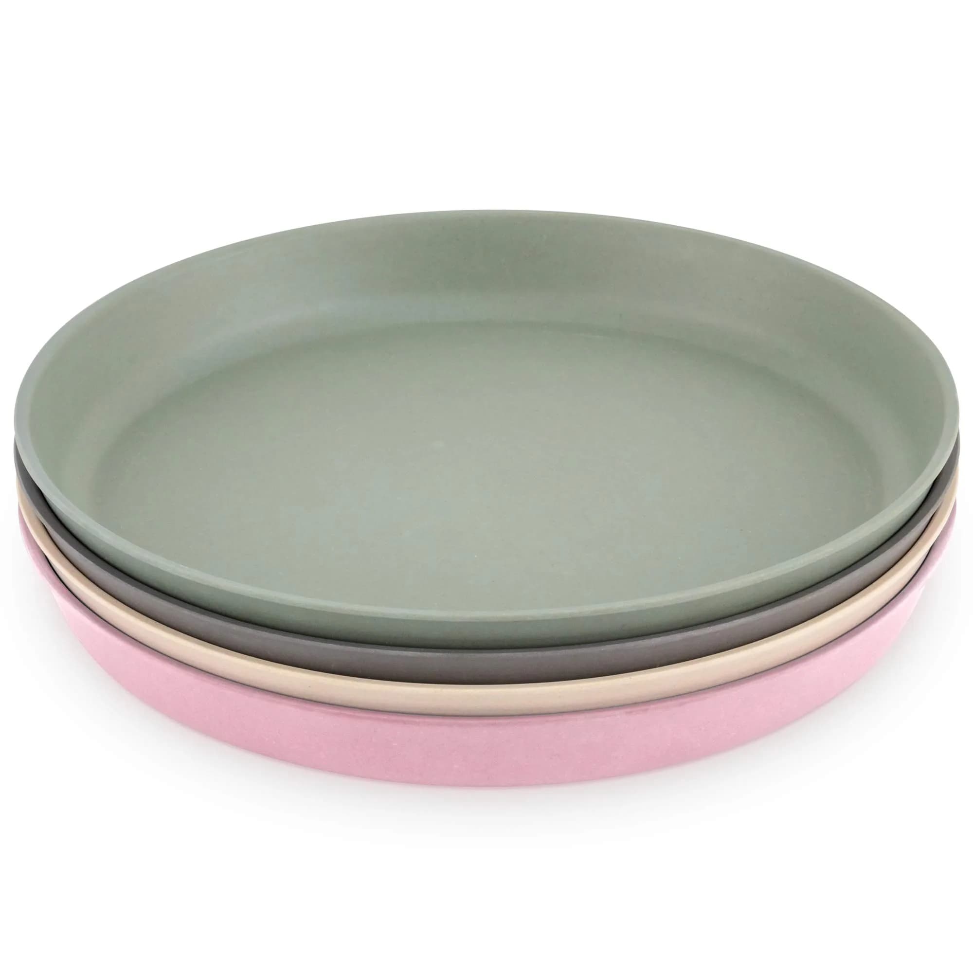 WeeSprout Bamboo Plates with Silicone Lids, Set of 4, Kid-Sized Dinnerware, 21cm (8.27in) | Dishwasher Safe Melamine Dishware — Pink/Green/Gray/& Beige / Without Lids