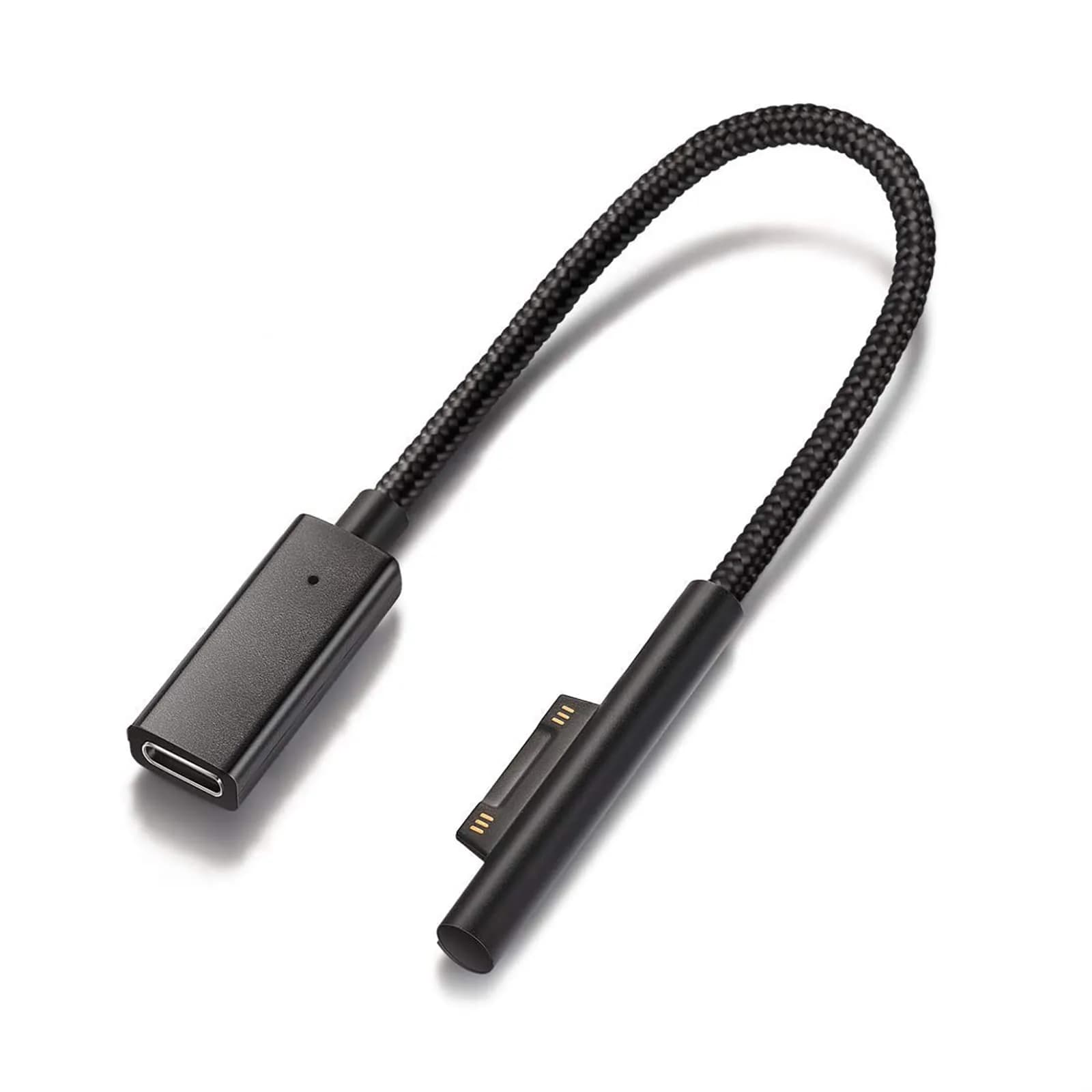 Sisyphy Surface Connect to USB-C Charging Cable 20cm (8in) Nylon | 45W PD Fast Charging for Surface Pro, Laptop, Go, Book — black nylon