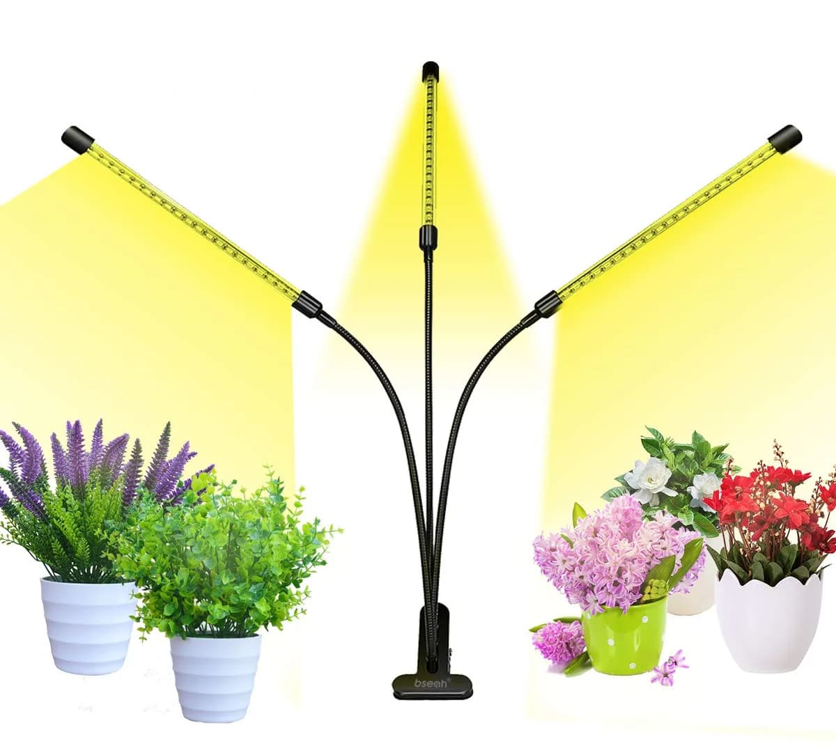 Bseah Full Spectrum LED Grow Light for Indoor Plants, 3-Head Clip-On Lamp with Timer & Dimmable Brightness | 15W (E26 Base)