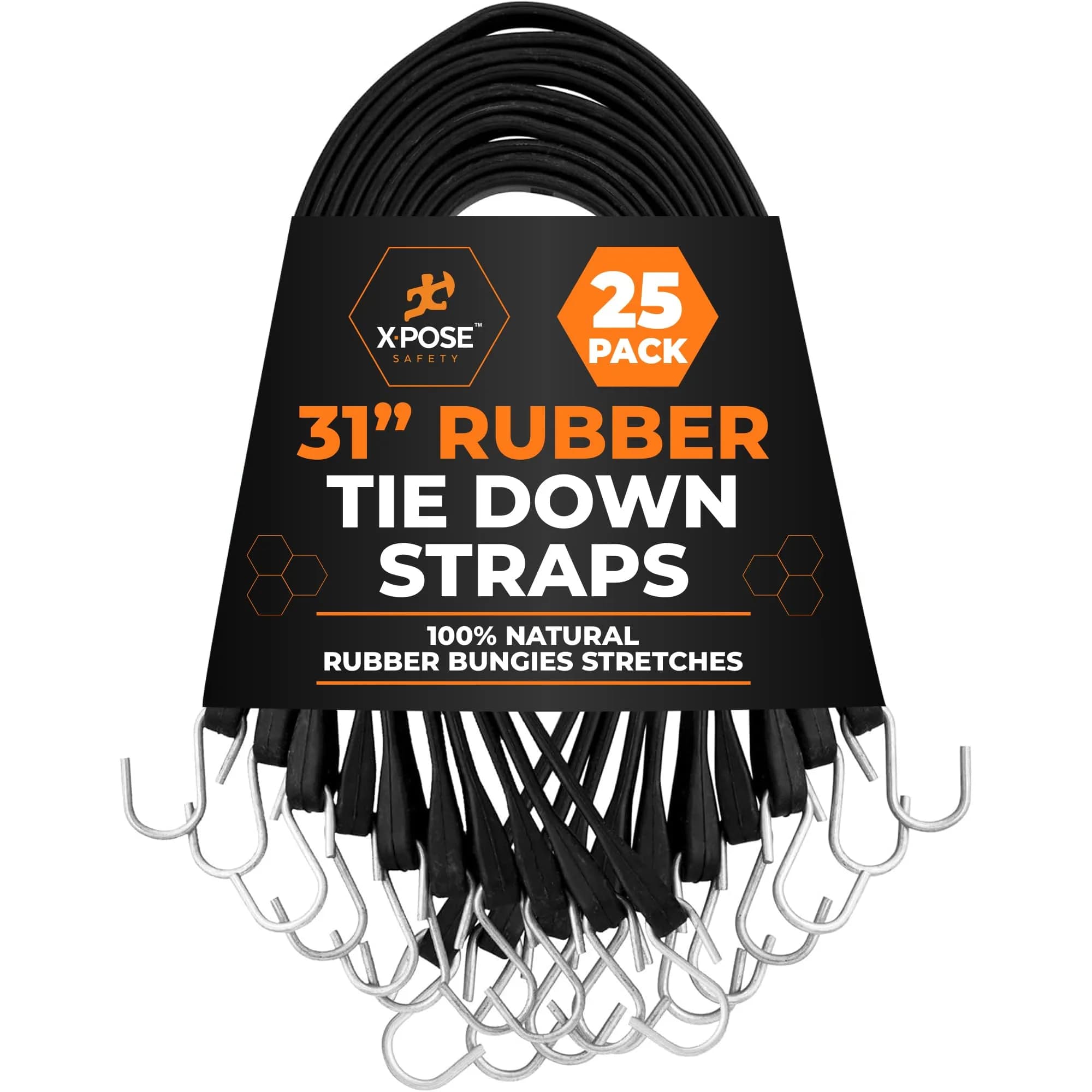 Xpose Safety Rubber Bungee Cords with Hooks 25 Pack 31 Inch (47 Inch Max Stretch) | Heavy-Duty Tie Down Straps for Cargo, Tarps, Motorcycles